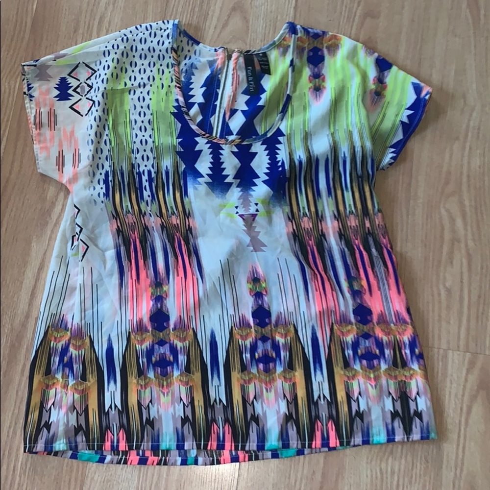 Fun and Flirt neon aztec print top shirt medium